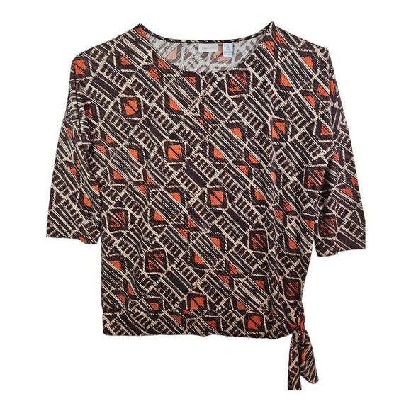 Chicos Brown Orange Ethnic Print Dolman 3/4 Sleeve Side Knot Knit Top Sz 1 - Picture 1 of 6